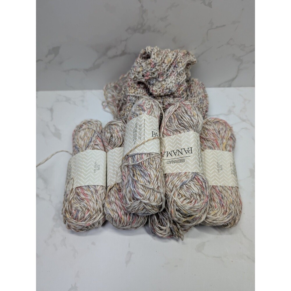 Lot of 6 Bernat Panama Yarn Tweed Neutral Speckled Cotton Blend + Partial Skein